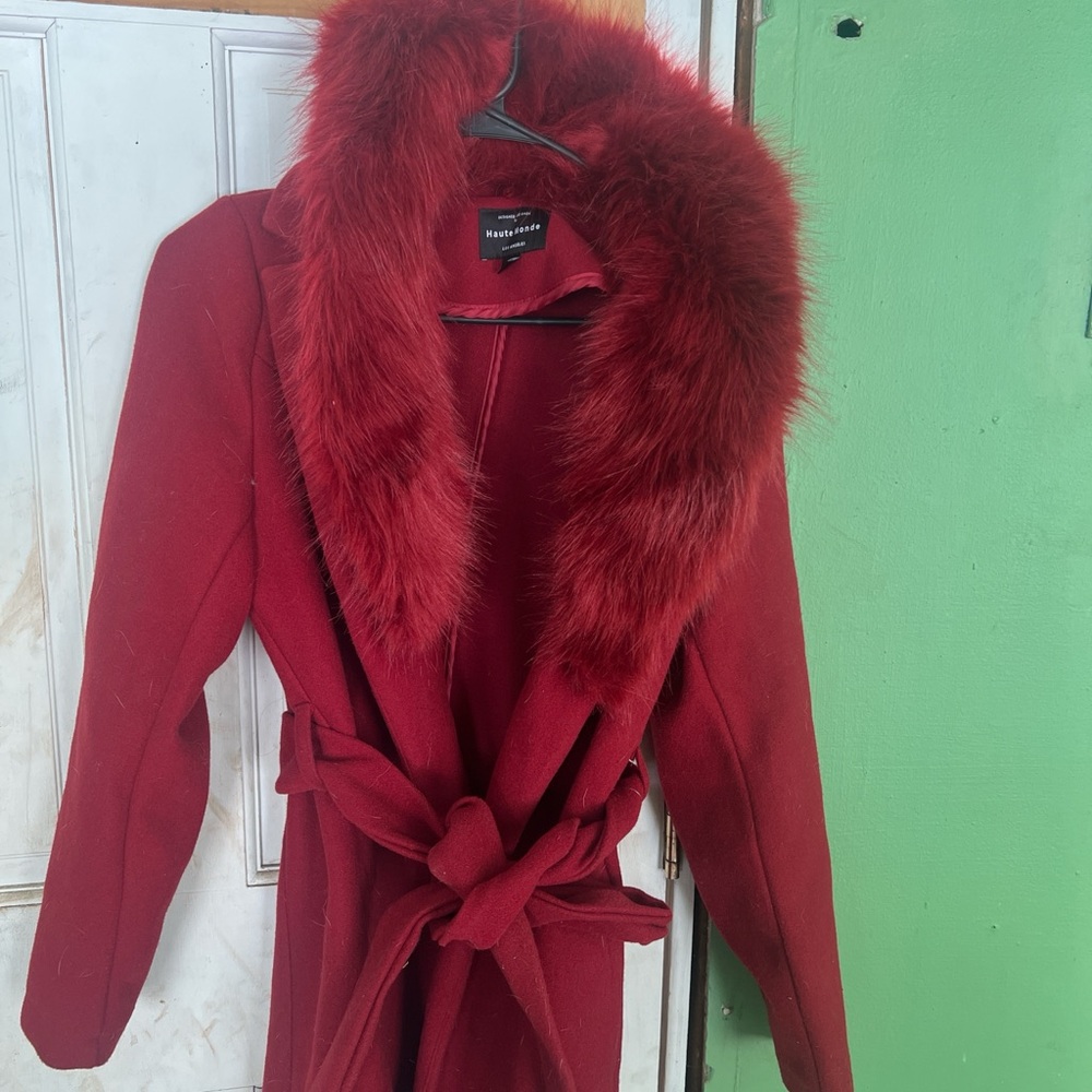 Haute Monde Red Trench Coat with Faux Fur Collar